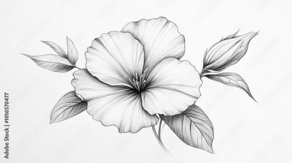 Hand-drawn pencil sketch of a flower with petals and leaves, isolated on white Hand-drawn pencil sketch of a flower with petals and leaves, isolated on white