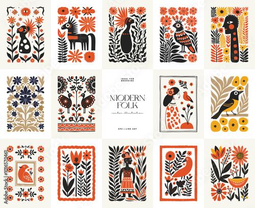 Abstract folk nordic art posters template. Modern trendy minimal style. Hand drawn design for wallpaper, wall decor, print, postcard, cover, template, banner.