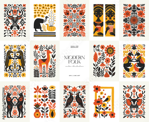 Abstract folk nordic art posters template. Modern trendy minimal style. Hand drawn design for wallpaper, wall decor, print, postcard, cover, template, banner.