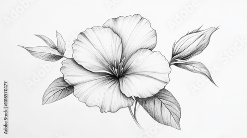 Hand-drawn pencil sketch of a flower with petals and leaves, isolated on white