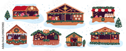 Cartoon Christmas market stalls. Holiday fair stands and shops. Xmas wooden houses with sweets souvenirs and decorations. Gifts selling kiosks. Pastry street stores. Garish vector set