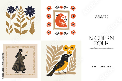 Abstract folk nordic art posters template. Modern trendy minimal style. Hand drawn design for wallpaper, wall decor, print, postcard, cover, template, banner.