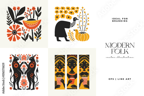 Abstract folk nordic art posters template. Modern trendy minimal style. Hand drawn design for wallpaper, wall decor, print, postcard, cover, template, banner.