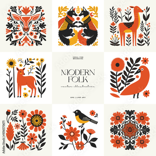 Abstract folk nordic art posters template. Modern trendy minimal style. Hand drawn design for wallpaper, wall decor, print, postcard, cover, template, banner.