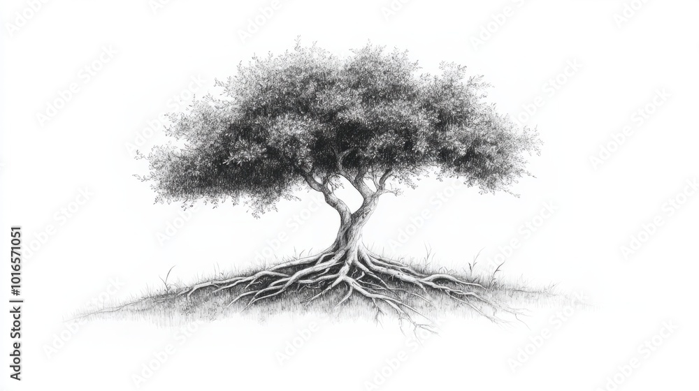 Obraz premium Hand-drawn pencil sketch of a tree with roots, isolated on white background