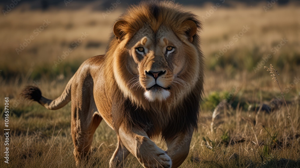 A majestic male lion with a thick mane, stares directly at the camera, walking towards the viewer in a dry grassy field. A majestic male lion with a thick mane, stares directly at the camera, walking towards the viewer in a dry grassy field.