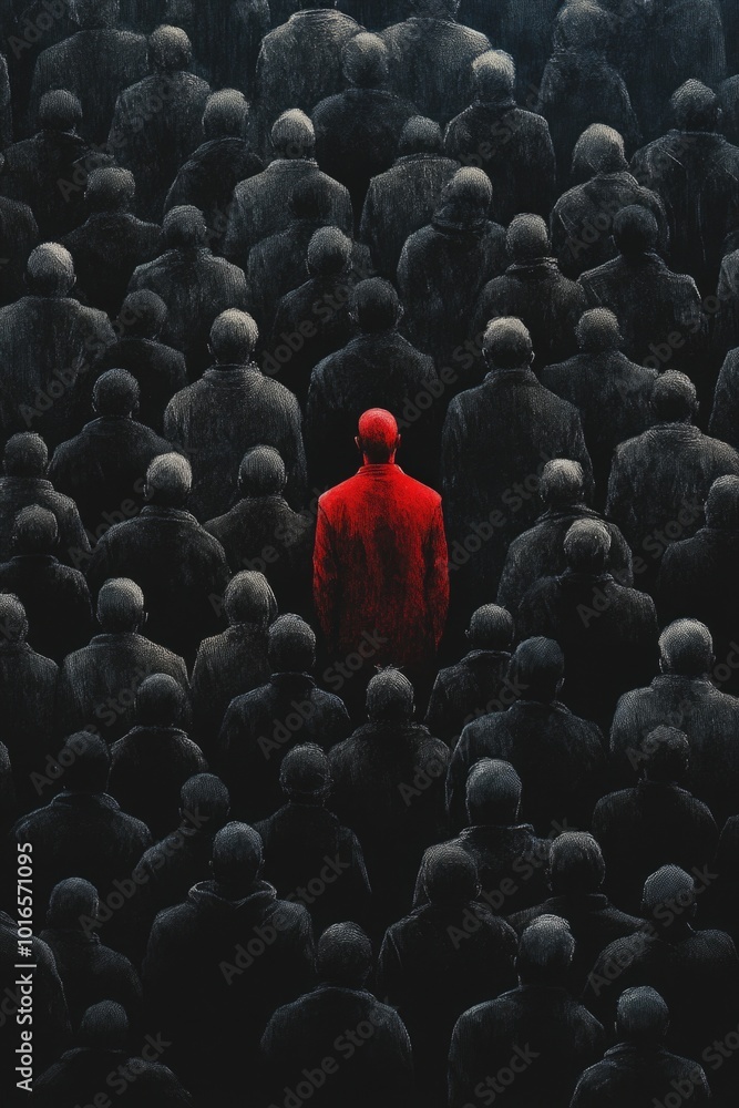 Obraz premium A person wearing a red coat is among a flock of sheep, possibly at a farm or rural setting.