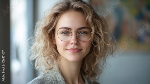 Young adult stylish confident attractive smiling blonde European business woman, beautiful lady pretty model with curly blond hair wearing glasses looking at camera, close up face portrait