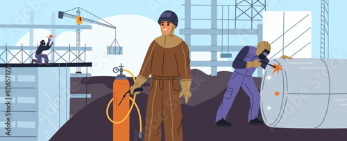 Builders and welders work at construction site. Workers welding of steel pipeline. Connecting metal structures. Gas cylinder. Professional steelwork. Garish vector metalwork concept