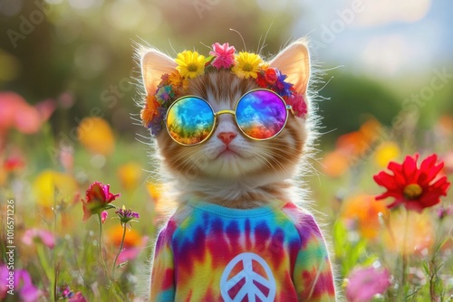 A cute kitten dressed as a hippie, complete with round glasses, a colorful headband, and a tie-dye t-shirt. The kitten is surrounded by flowers and peace signs, creating a playful and nostalgic scene