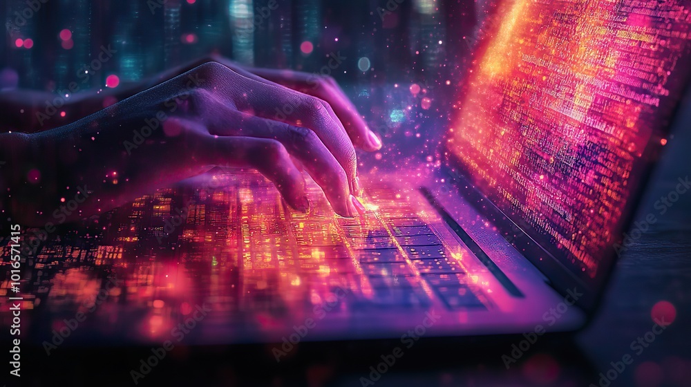 stylized of a top view laptop and hand emphasizing the vibrant and dynamic concept of learning to code.stock image stylized of a top view laptop and hand emphasizing the vibrant and dynamic concept of learning to code.stock image
