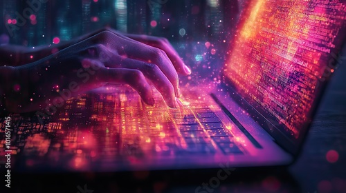 stylized of a top view laptop and hand emphasizing the vibrant and dynamic concept of learning to code.stock image