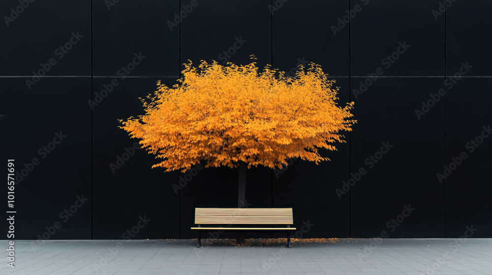 Εκτύπωση καμβά Photo of a bench in front of a vibrant orange tree set against a sleek black wall
