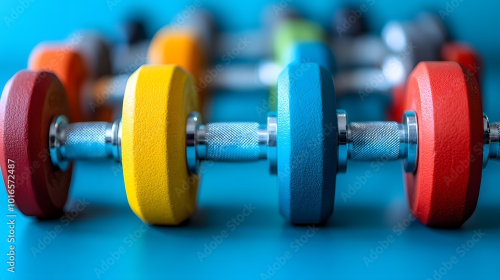 Clean and minimalistic fitness background with yoga mats and dumbbells Clean and minimalistic fitness background with yoga mats and dumbbells