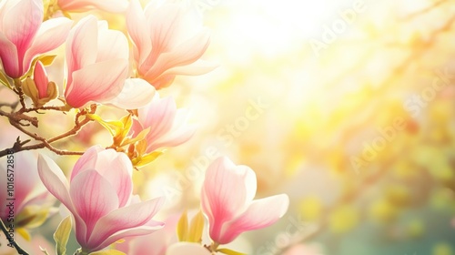 Chinese magnolia tree in bloom during spring, with delicate pink flowers under the sunlight. A romantic floral scene, perfect for Valentine’s Day or Woman’s Day greeting cards, banners, or posters