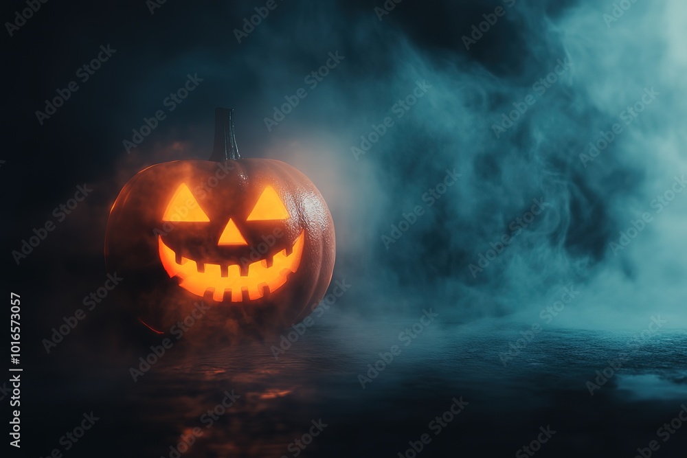 Naklejka premium A Halloween pumpkin glowing in the fog on a dark background with copy space, a Halloween concept banner design. A Halloween pumpkin on a dark blue background with smoke