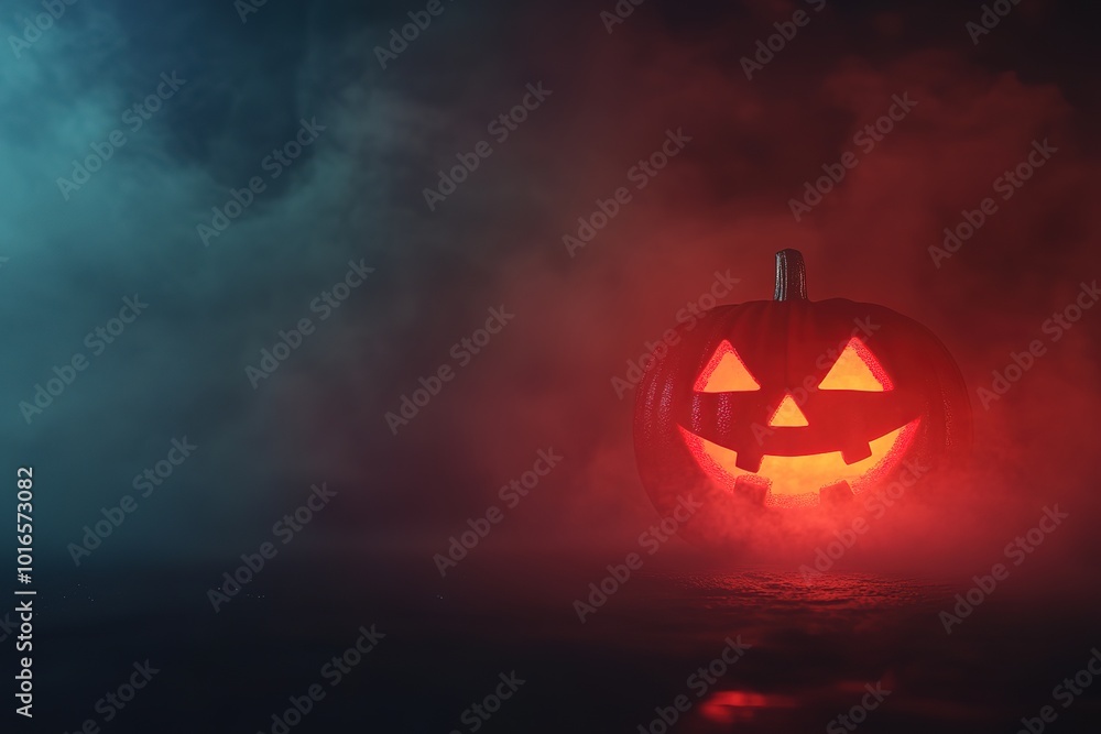 Naklejka premium A Halloween pumpkin glowing in the fog on a dark background with copy space, a Halloween concept banner design. A Halloween pumpkin on a dark blue background with smoke