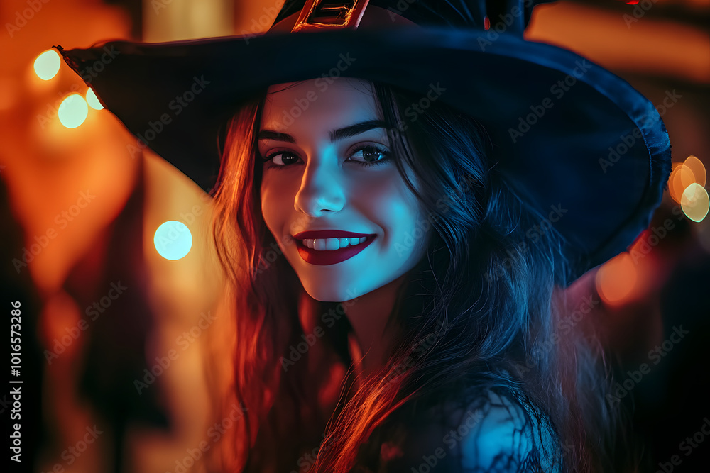 A young woman dressed up as a witch at a Halloween party A young woman dressed up as a witch at a Halloween party