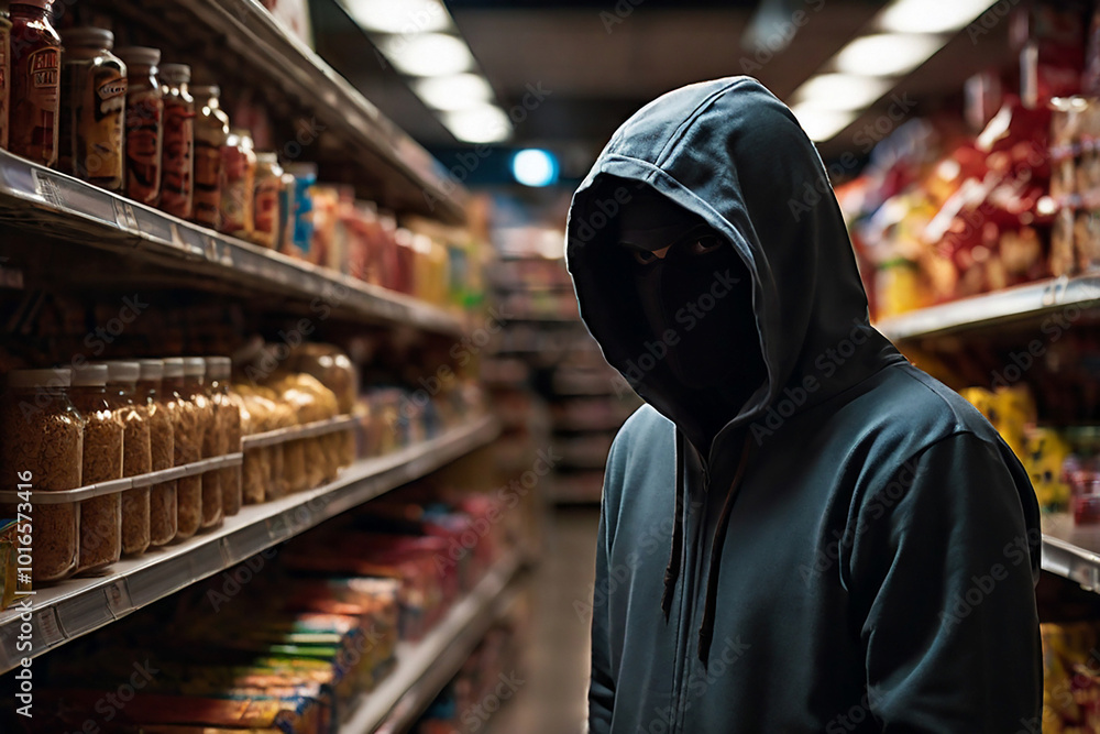 A thief in a mask and hoodie covertly steals snacks in a supermarket. A thief in a mask and hoodie covertly steals snacks in a supermarket.