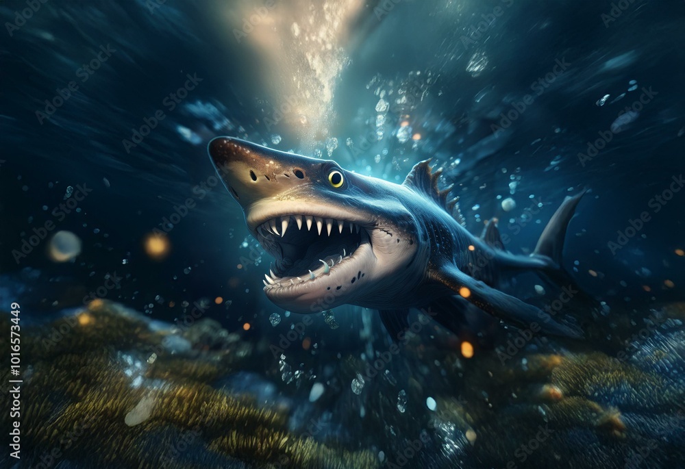 Naklejka premium A close-up of a shark's face with its mouth open, showing sharp teeth, as it swims through dark blue water with light filtering through.