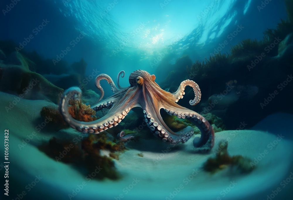 An octopus with eight tentacles, some curled, rests on a white sandy ocean floor, with green and brown coral and seaweed surrounding it. An octopus with eight tentacles, some curled, rests on a white sandy ocean floor, with green and brown coral and seaweed surrounding it.