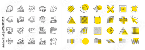 Car vehicle, Flight plane and Mountain bike set. Design shape elements. Transport line icons. Supply chain, Car key and Travel map icons. Food delivery, pickup transport and rent a car. Vector
