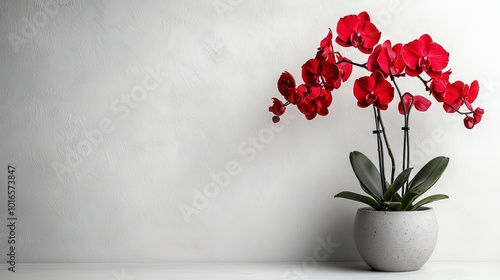 Beautiful red orchid flowers in a white pot placed against a plain wall background