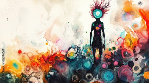 A bizarre watercolor painting of a humanoid figure with an animal's head, standing in a field of abstract shapes and swirling colors. photo