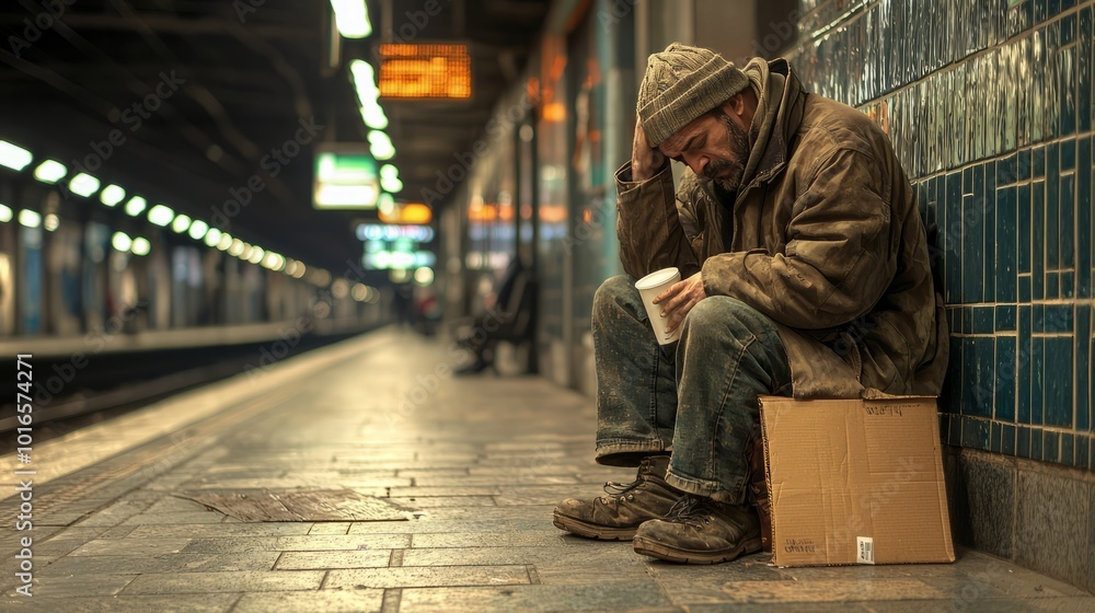 Homeless man sitting on subway platform holding cup with head down in despair Homeless man sitting on subway platform holding cup with head down in despair