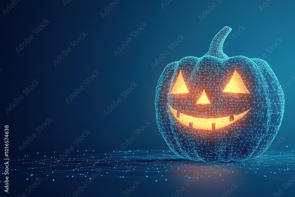 Halloween pumpkin with a glowing face on a blue digital background ...