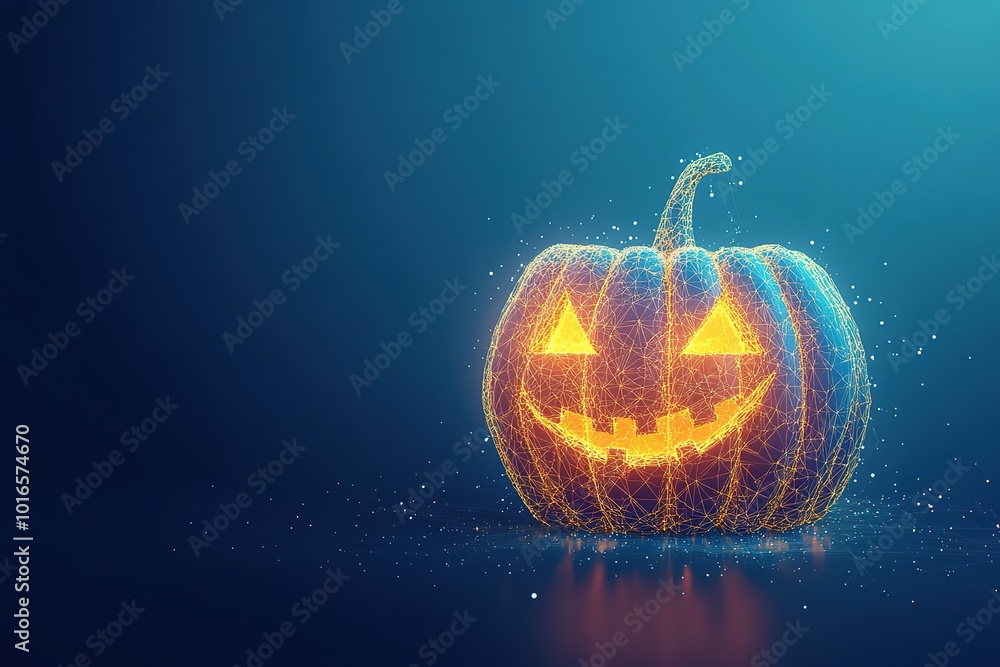Halloween pumpkin with a glowing face on a blue digital background ...