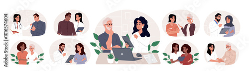 A doctor is talking to a patient. Vector flat illustration isolated on white background