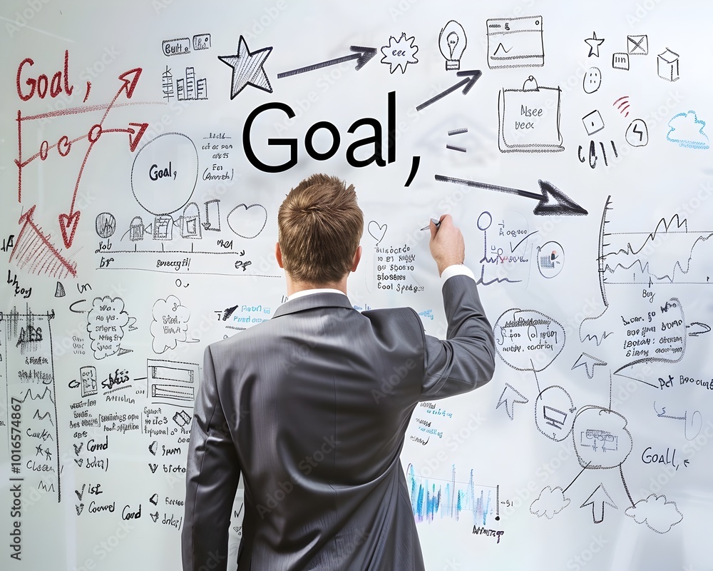 Businessman Mapping Out Strategic Plan for Achieving Goal on Whiteboard Businessman Mapping Out Strategic Plan for Achieving Goal on Whiteboard
