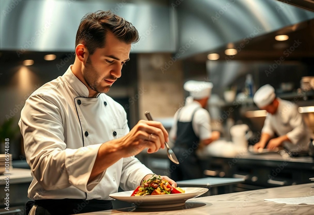 A professional chef making the final touch to a dish in an industrial kitchen. A professional chef making the final touch to a dish in an industrial kitchen.