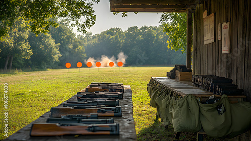 A well-organized table showcasing various shooting supplies including rifles, ammunition, and targets, set against a scenic outdoor field backdrop. This image captures the essence of outdoor shooting 