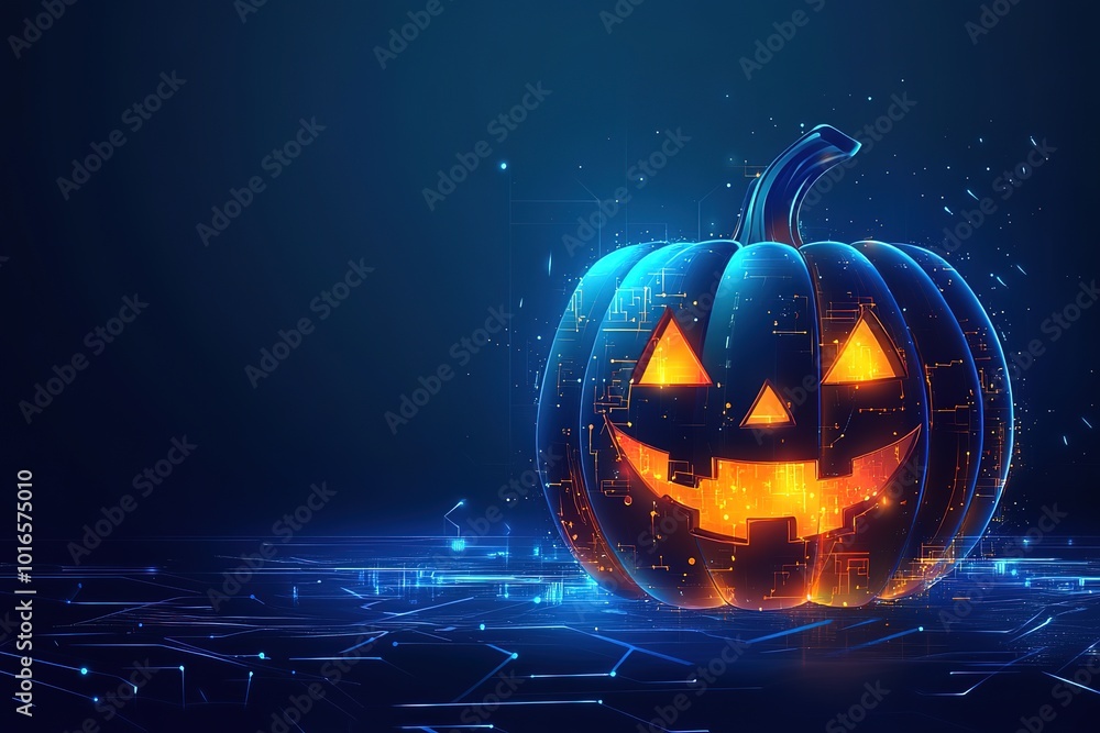 Fototapeta premium Halloween pumpkin with a glowing face on a blue digital background. illustration of Halloween pumpkins and circuit board patterns for a tech company design