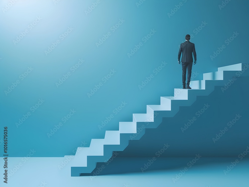 Businessman s Journey of Continuous Achievement Towards Goals on Staircase Businessman s Journey of Continuous Achievement Towards Goals on Staircase