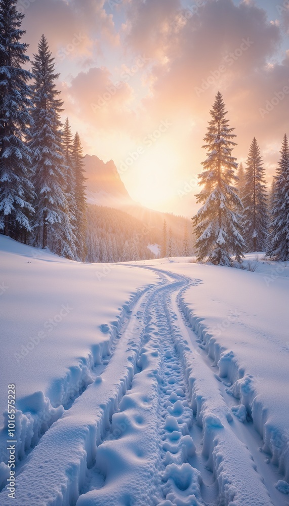Serene winter landscape with snowy trail and sunrise through trees for peaceful outdoor experience Serene winter landscape with snowy trail and sunrise through trees for peaceful outdoor experience