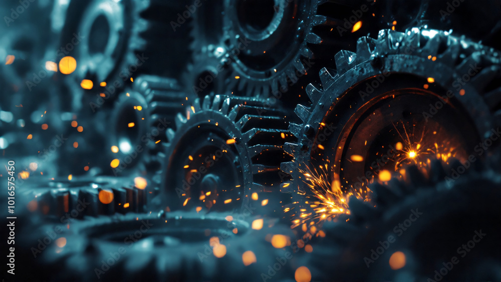 Cinematic close-up of massive grinding gears in shadows, a symbolic representation of life's monotony and overwhelming pressure Cinematic close-up of massive grinding gears in shadows, a symbolic representation of life's monotony and overwhelming pressure