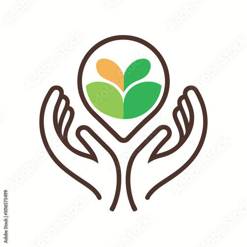 Simple Line Art Logo Hands Holding Green Heart, Earthy Color Vector Illustration on white background.