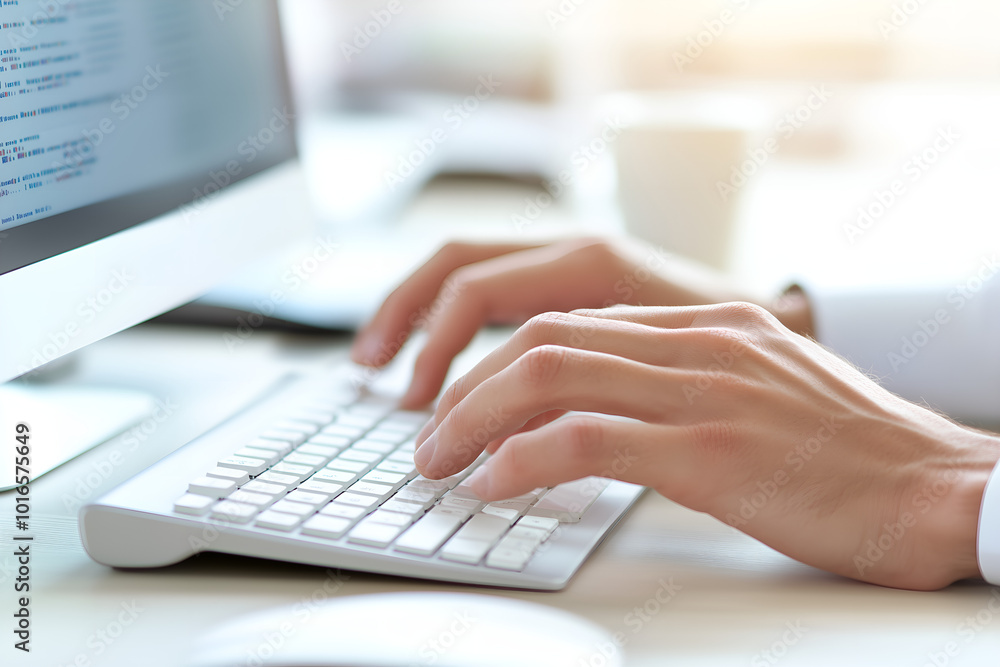 Hände tippen auf einer Computertastatur im Büro – Nahaufnahme der Arbeit am PC, erstellt mit generativer KI Hände tippen auf einer Computertastatur im Büro – Nahaufnahme der Arbeit am PC, erstellt mit generativer KI