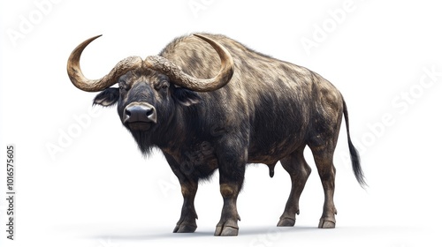 A majestic buffalo standing tall, detailed fur and horns, isolated on a white background. Perfect for transparent clipart and die-cut designs.