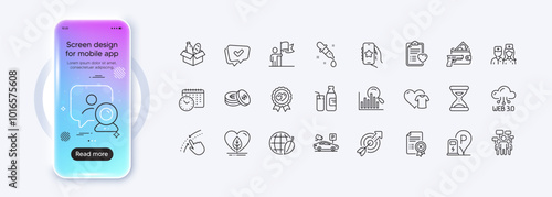 Love award, Armed robbery and Charging station line icons for web app. Phone mockup gradient screen. Pack of Time, Approved, Savings pictogram icons. Patient history, Search, Swipe up signs. Vector