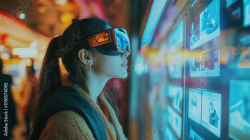 Person interacting with virtual screens in neon light.