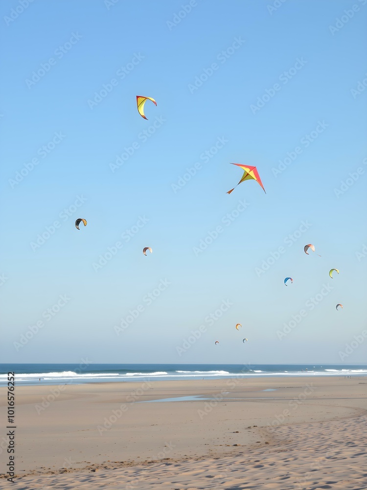 A beach scene with kites flying high in the sky, their bright colors contrasting against the pale blue of a clear summer day
A beach scene with kites flying high in the sky, their bright colors contrasting against the pale blue of a clear summer day