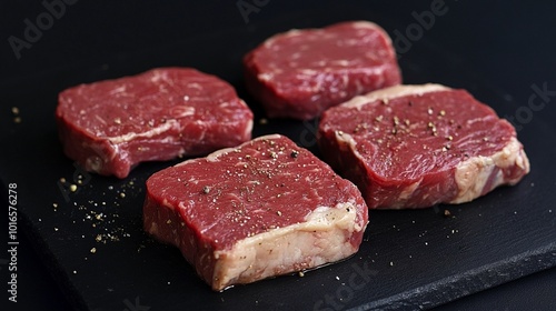 Four juicy, raw beef steaks seasoned with salt and pepper on a dark slate board, showcasing the rich red color and marbling of premium meat cuts.