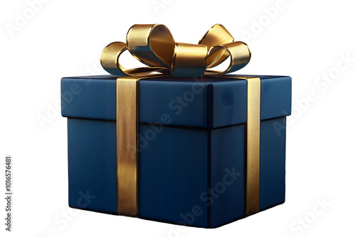 3d blue gift box with golden ribbon isolated on transparent background