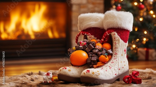 St. Nicholas Day Festive Boots Filled with Chocolates and Oranges