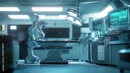 A futuristic surgical room featuring a robotic assistant and advanced medical equipment.