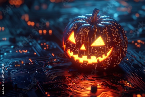 Wallpaper Mural A glowing jack-o'-lantern on the porch, with a Halloween theme. The pumpkin has a neon glow effect, with orange and blue lighting, creating an ultra-realistic photographic  Torontodigital.ca